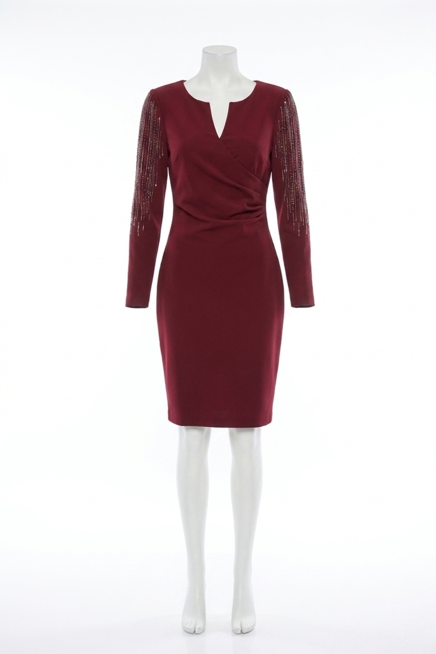 NEW JOSEPH RIBKOFF v neck embellished long sleeve sheath dress in merlot